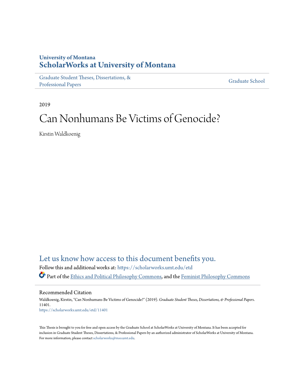 Can Nonhumans Be Victims of Genocide? Kirstin Waldkoenig