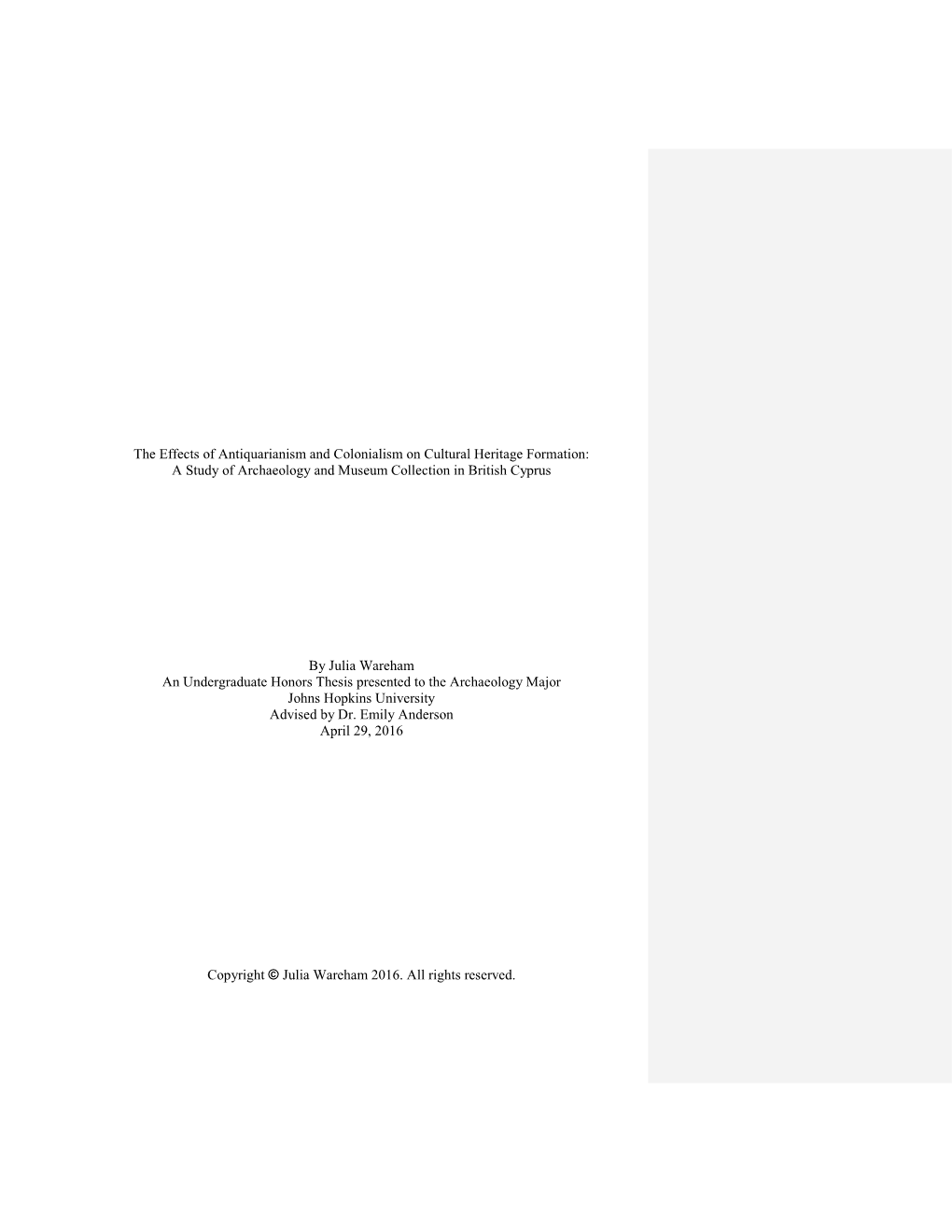 The Effects of Antiquarianism and Colonialism on Cultural Heritage Formation: a Study of Archaeology and Museum Collection in British Cyprus