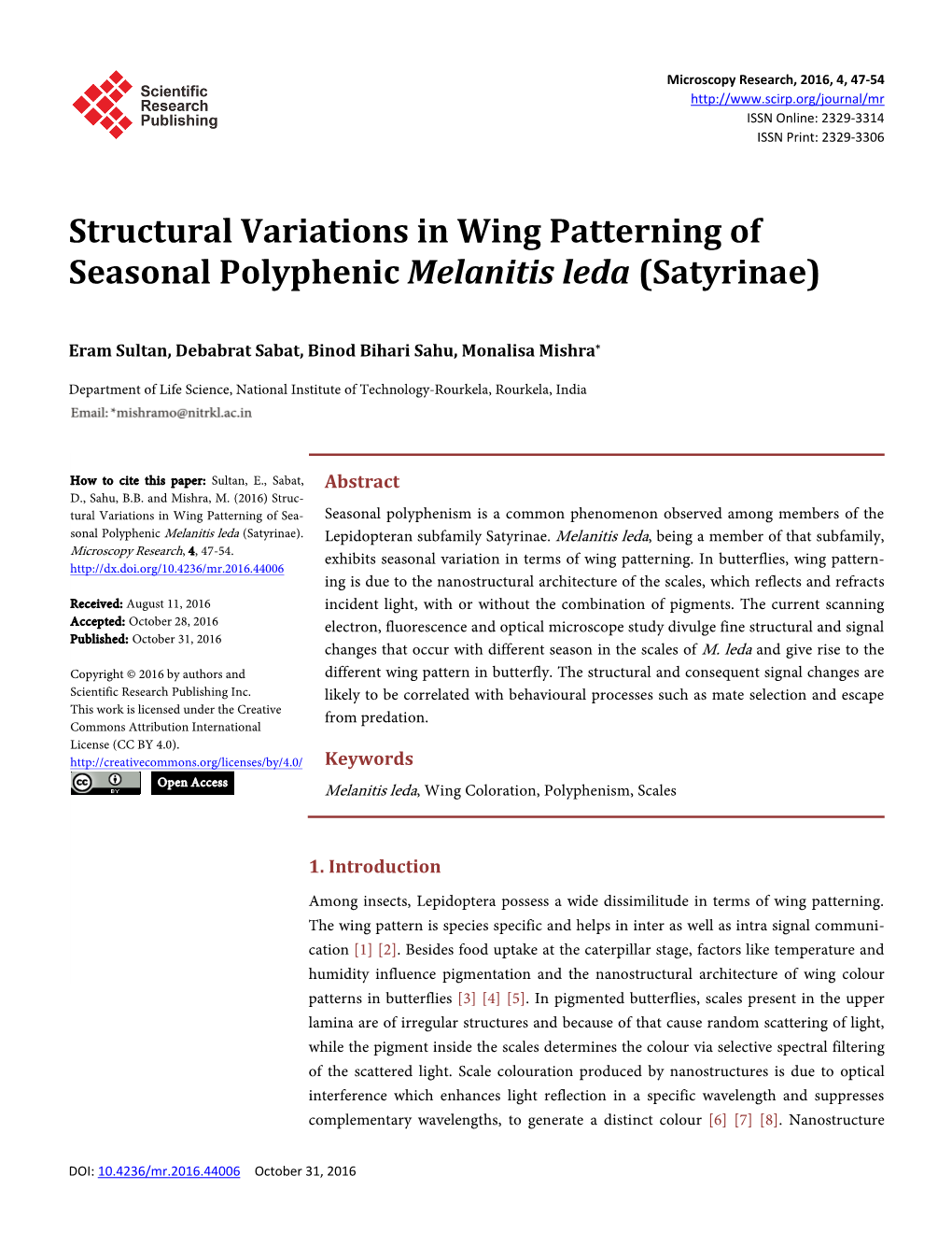 Structural Variations in Wing Patterning of Seasonal Polyphenic Melanitis Leda (Satyrinae)
