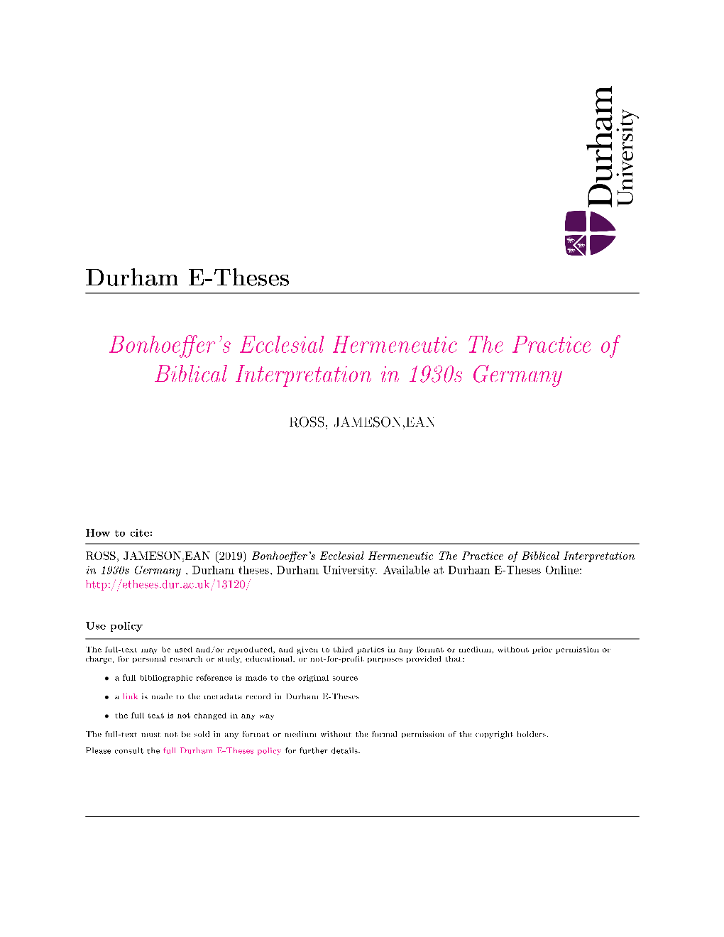 Bonhoe Er's Ecclesial Hermeneutic the Practice of Biblical