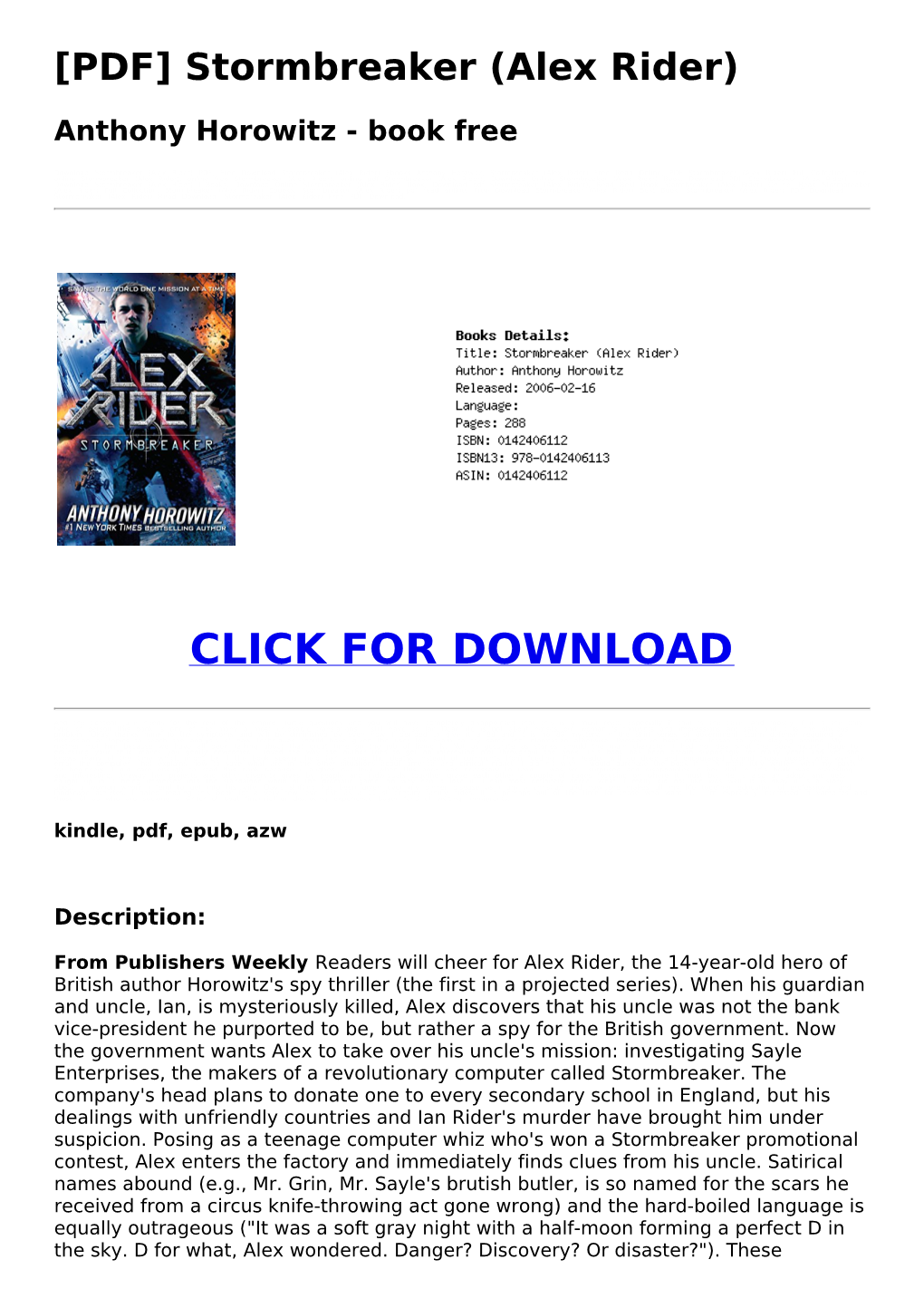 &lt;A028327&gt; [PDF] Stormbreaker (Alex Rider) Anthony Horowitz