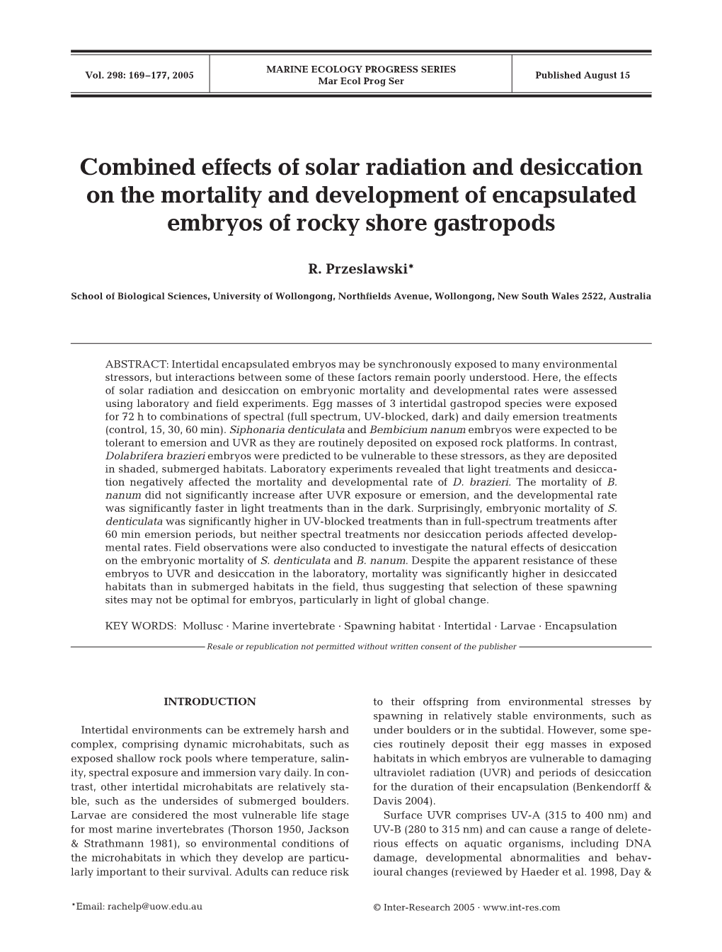 Combined Effects of Solar Radiation and Desiccation on the Mortality and Development of Encapsulated Embryos of Rocky Shore Gastropods