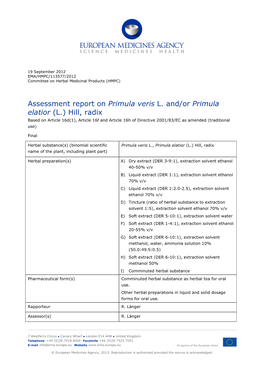 Assessment Report on Primula Veris L. And/Or Primula Elatior (L.) Hill, Radix