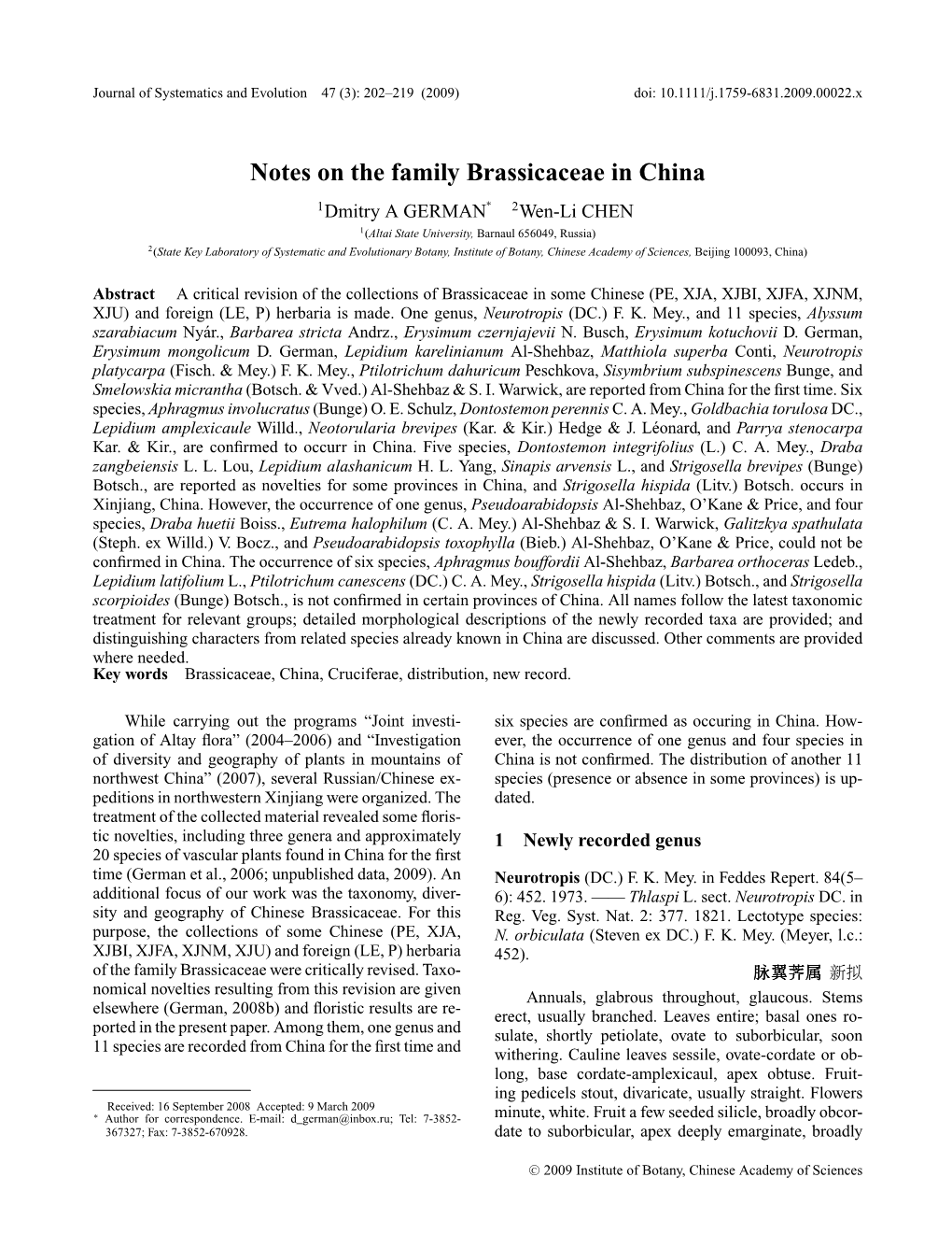 Notes on the Family Brassicaceae in China