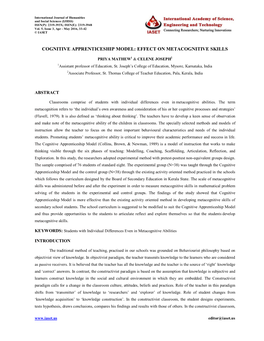 Cognitive Apprenticeship Model: Effect on Metacognitive Skills