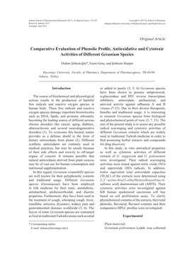 Comparative Evaluation of Phenolic Profile, Antioxidative and Cytotoxic Activities of Different Geranium Species