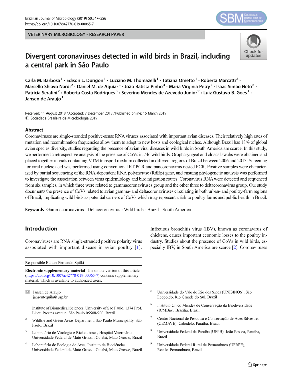 Divergent Coronaviruses Detected in Wild Birds in Brazil, Including a Central Park in São Paulo