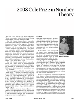 2008 Cole Prize in Number Theory