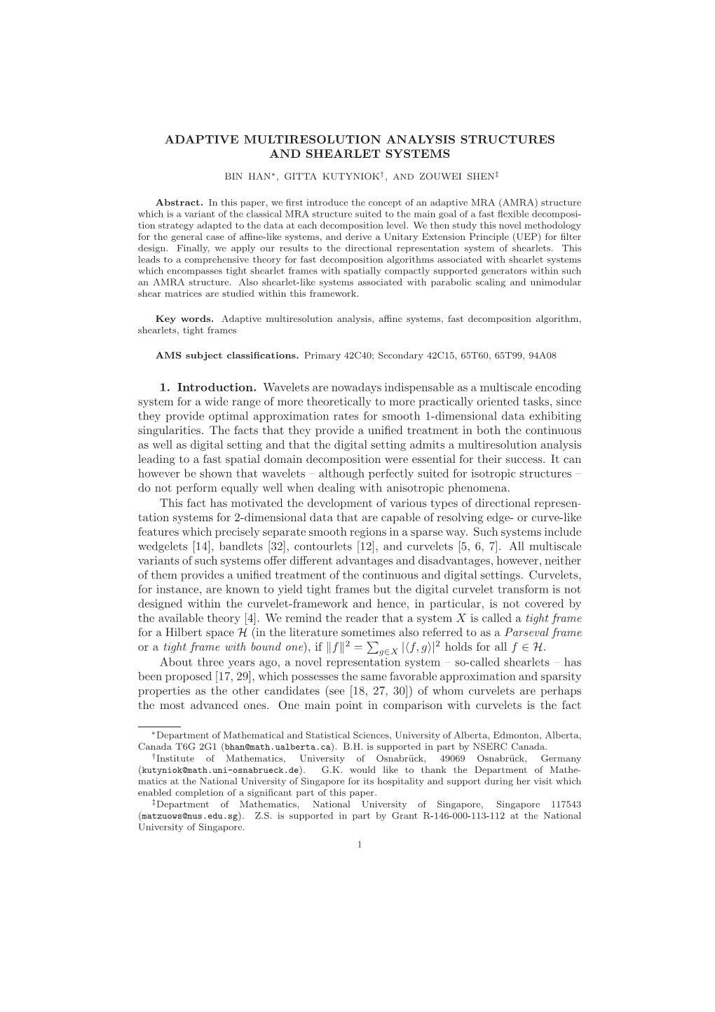 Adaptive Multiresolution Analysis Structures and Shearlet Systems