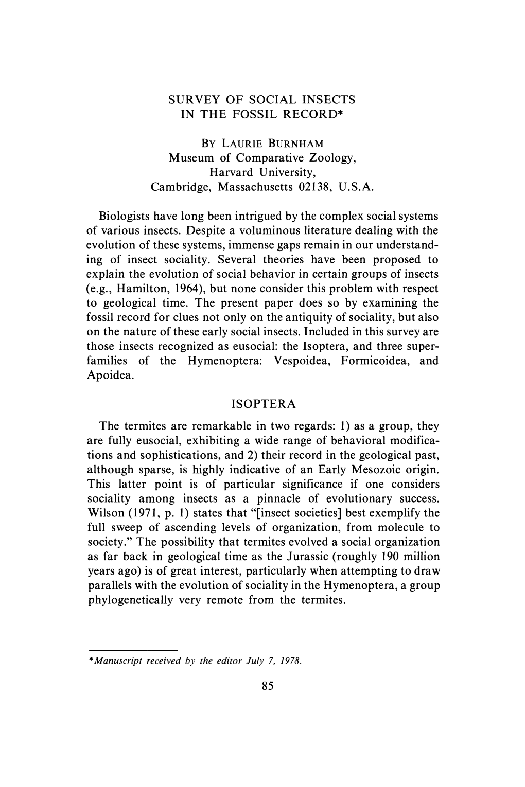 In the Fossil Record* by Laurie Burnham Isoptera