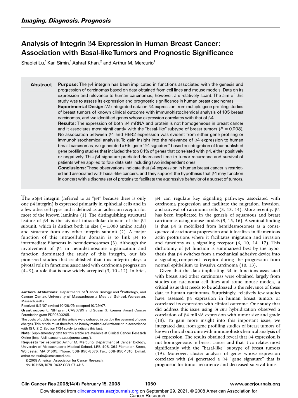 Analysis of Integrin B4 Expression in Human Breast Cancer