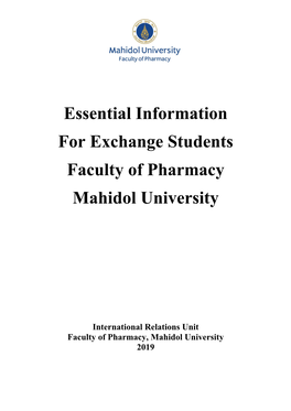 Essential Information for Exchange Students Faculty of Pharmacy Mahidol University