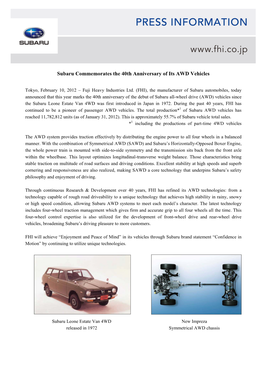 Subaru Commemorates the 40Th Anniversary of Its AWD Vehicles