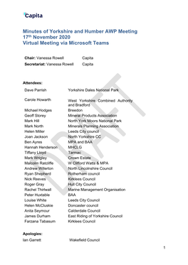 Minutes of Yorkshire and Humber AWP Meeting 17Th November 2020 Virtual Meeting Via Microsoft Teams