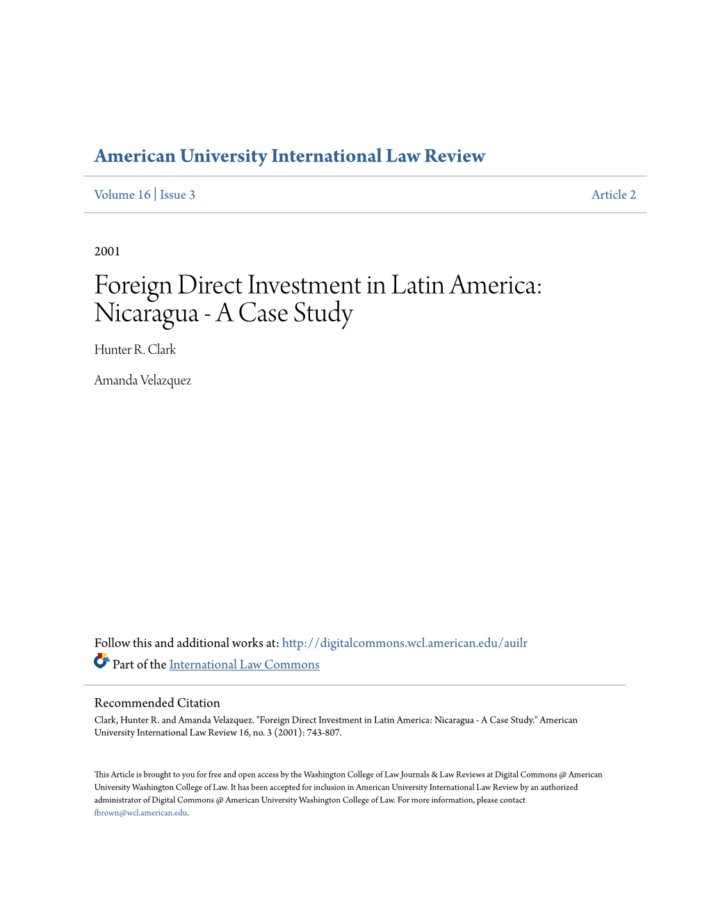 Foreign Direct Investment in Latin America: Nicaragua - a Case Study Hunter R