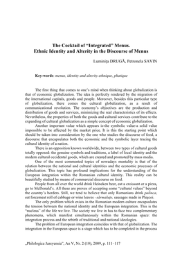 The Cocktail of “Integrated” Menus. Ethnic Identity and Alterity in the Discourse of Menus