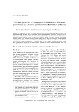 Morphology and Diet of Two Sympatric Colubrid Snakes, Chironius ﬂavolineatus and Chironius Quadricarinatus (Serpentes: Colubridae)
