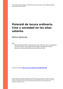 Polaroid De Locura Ordinaria. Cine Y Sociedad En Los Años Setenta