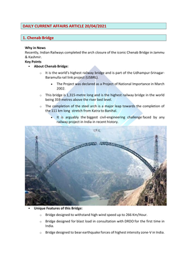 DAILY CURRENT AFFAIRS ARTICLE 20/04/2021 1. Chenab Bridge