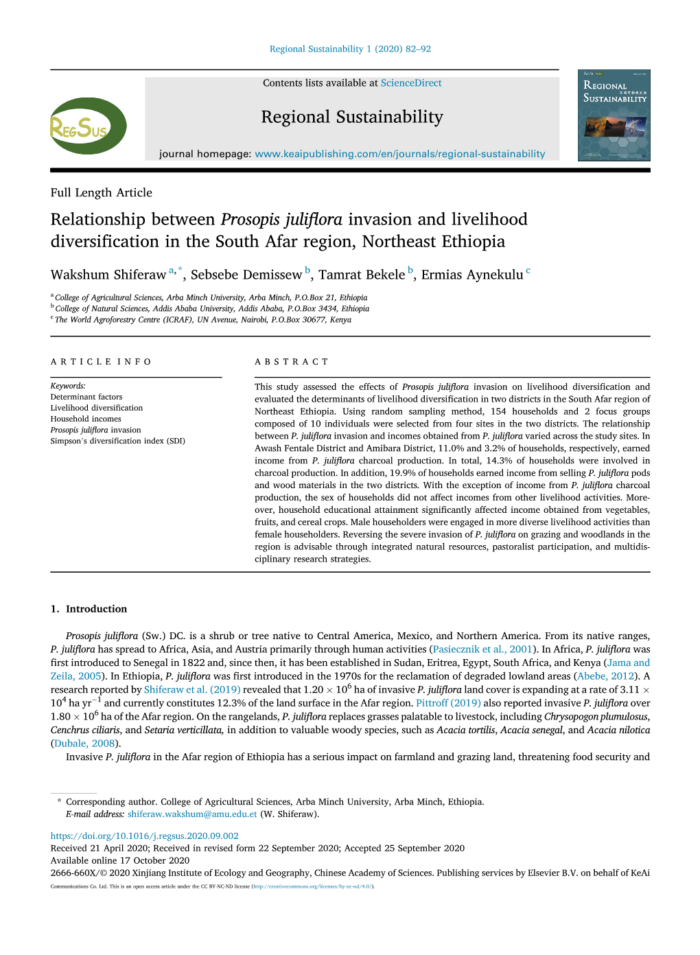 Relationship Between Prosopis Juliflora Invasion and Livelihood Diversification in the South Afar Region, Northeast Ethiopia