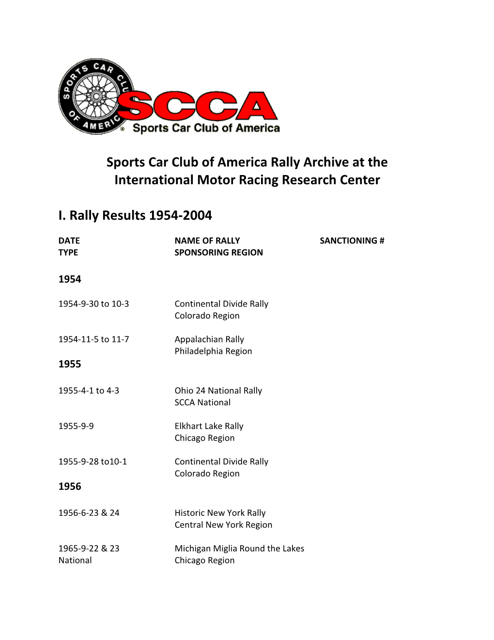 Sports Car Club of America Rally Archive at the International Motor Racing Research Center