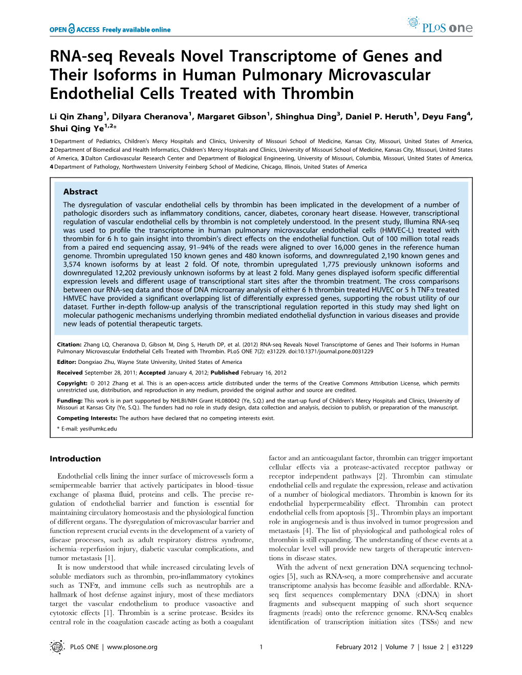 RNA-Seq Reveals Novel Transcriptome of Genes and Their Isoforms in Human Pulmonary Microvascular Endothelial Cells Treated with Thrombin