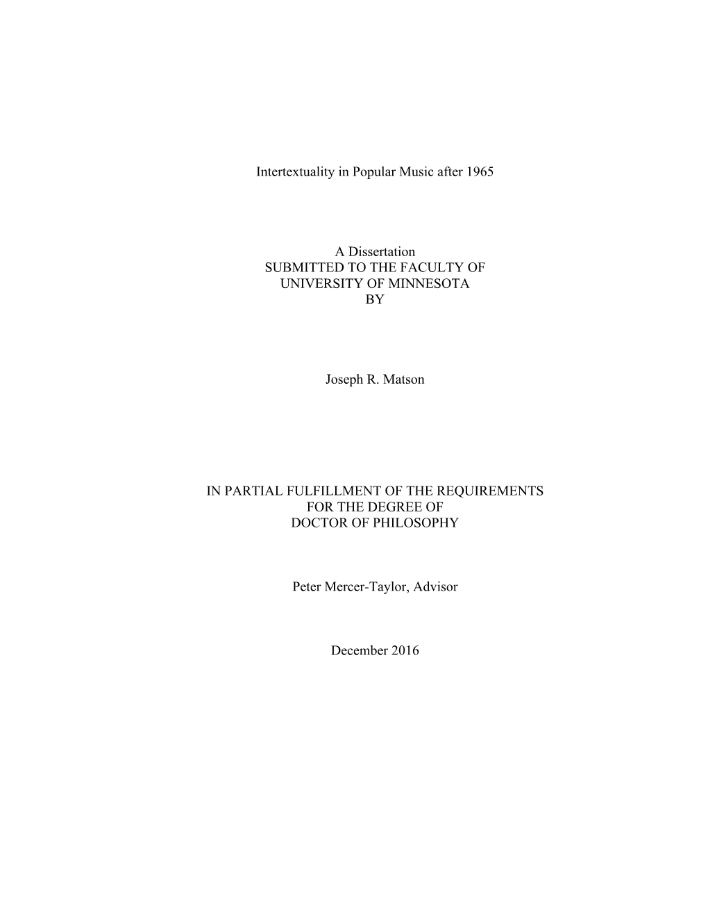 Intertextuality in Popular Music After 1965 (By Joseph R. Matson)