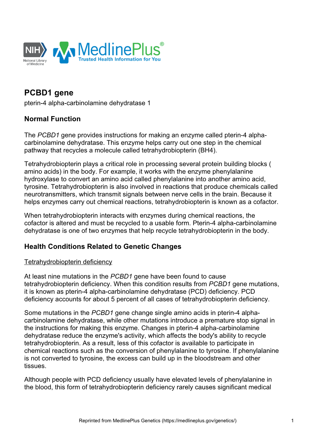 PCBD1 Gene Pterin-4 Alpha-Carbinolamine Dehydratase 1