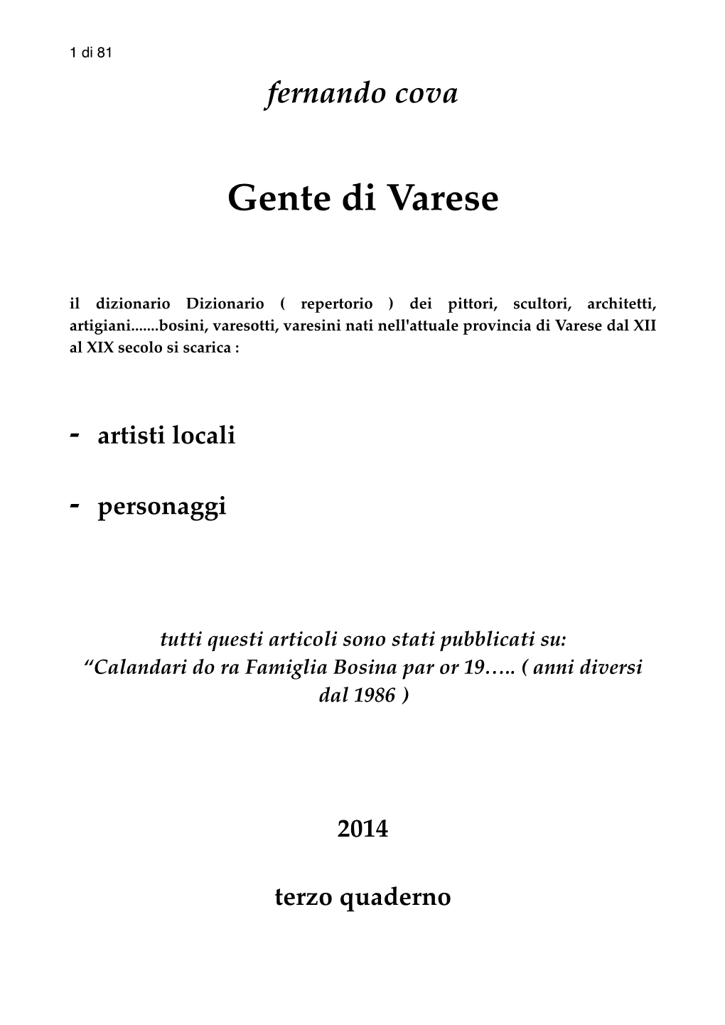 Gente Di Varese! � � Il Dizionario Dizionario ( Repertorio ) Dei Pittori, Scultori, Architetti, Artigiani