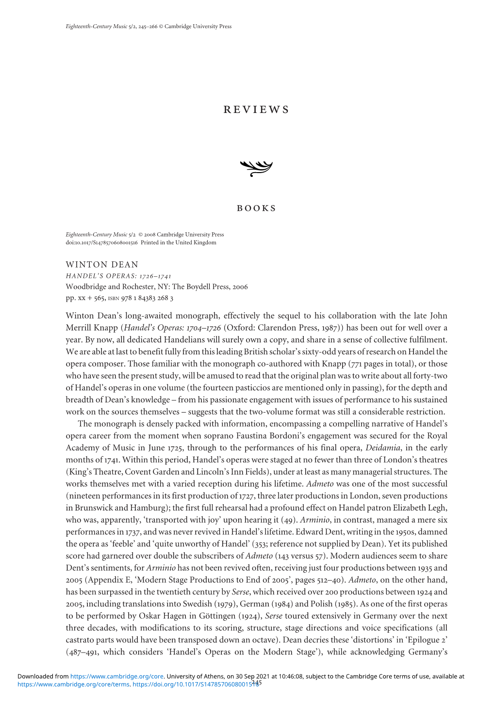 WINTON DEAN HANDEL's OPERAS: 1726–1741 Woodbridge And