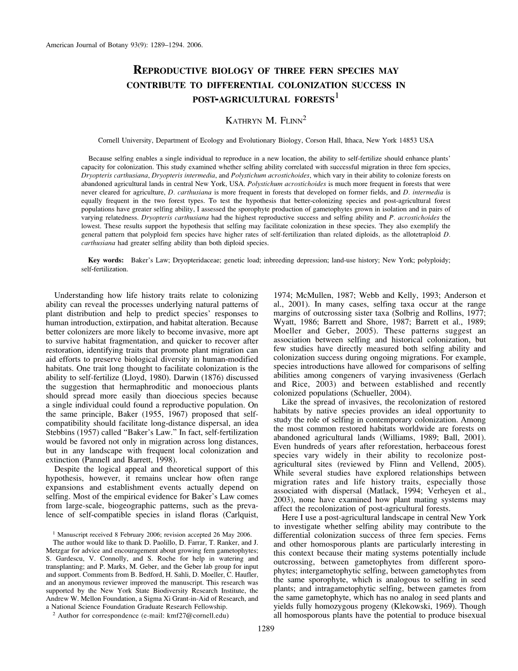 Reproductive Biology of Three Fern Species May Contribute to Differential Colonization Success in Post-Agricultural Forests1