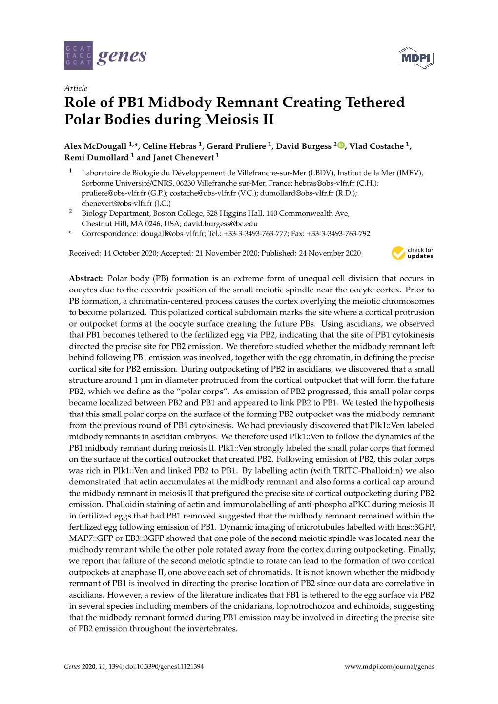 Role of PB1 Midbody Remnant Creating Tethered Polar Bodies During Meiosis II