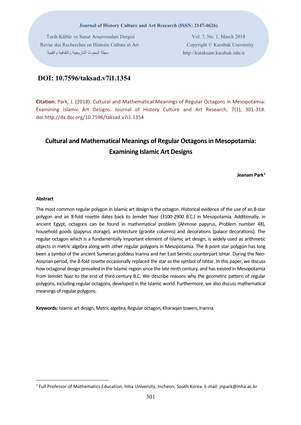 Cultural and Mathematical Meanings of Regular Octagons in Mesopotamia: Examining Islamic Art Designs