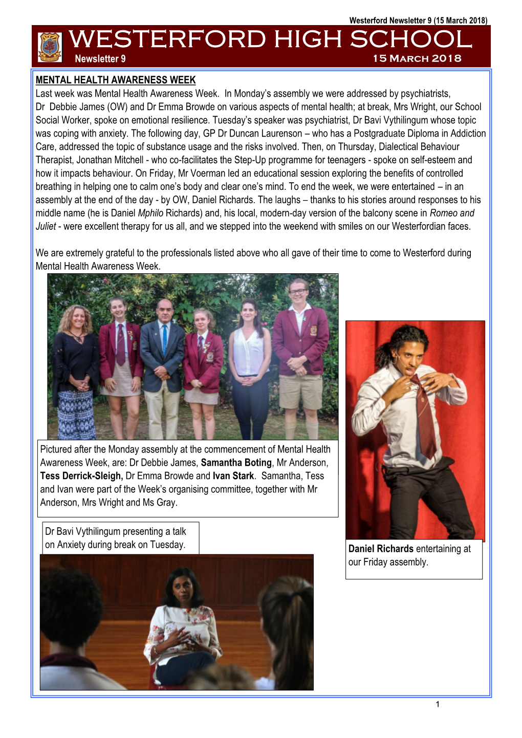 WESTERFORD HIGH SCHOOL Newsletter 9 15 March 2018