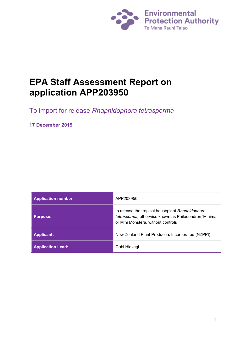 EPA Staff Assessment Report on Application APP203950