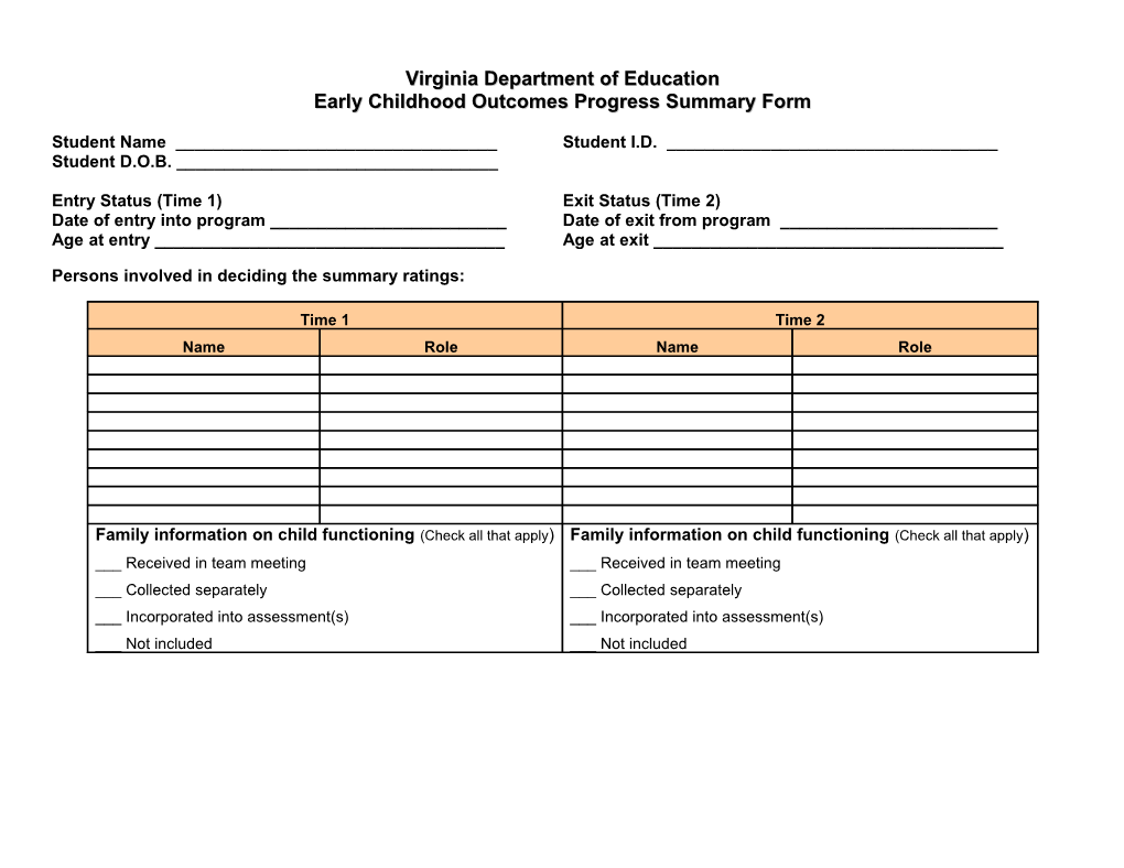 Early Childhood Outcomes Progress Summary Form