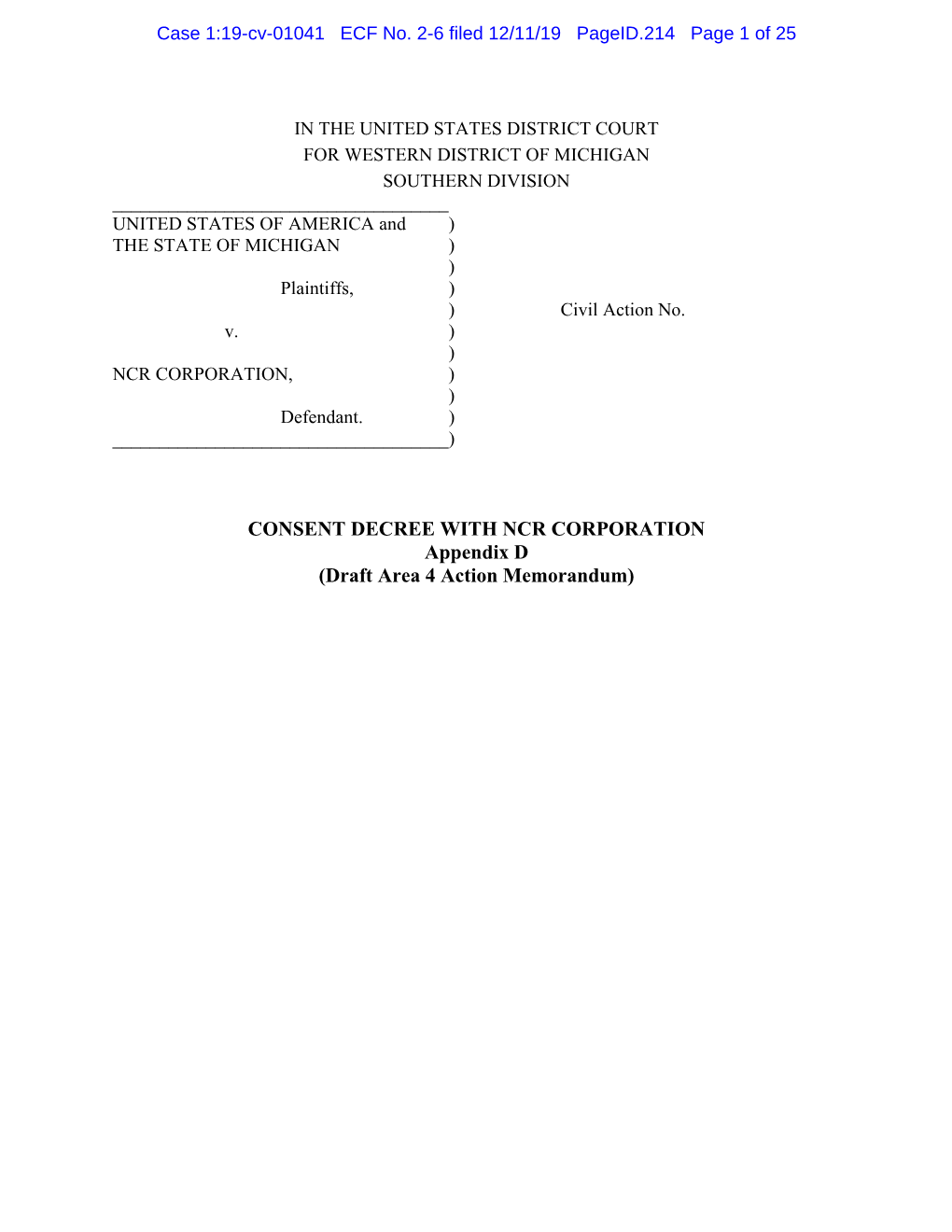 CONSENT DECREE with NCR CORPORATION Appendix D (Draft Area 4 Action Memorandum)