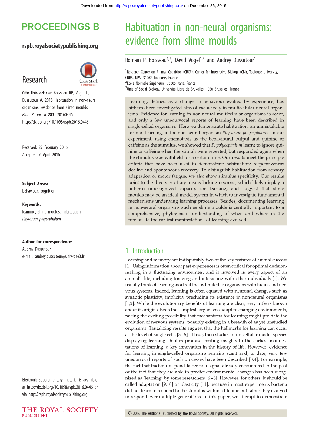 Habituation in Non-Neural Organisms: Evidence from Slime Moulds