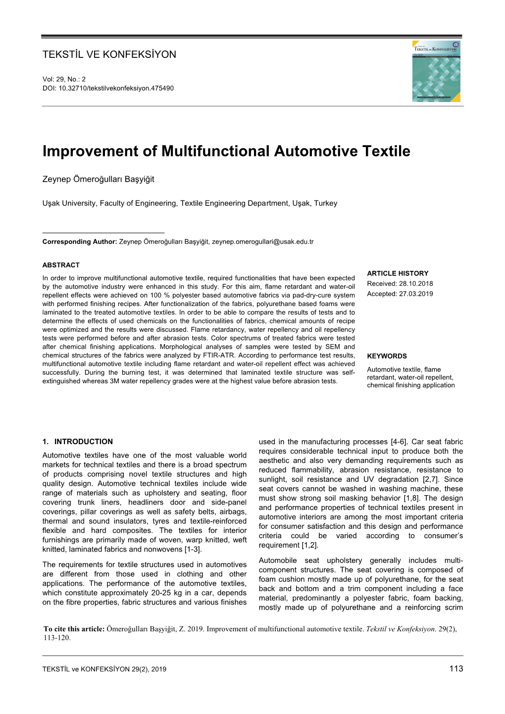 Improvement of Multifunctional Automotive Textile
