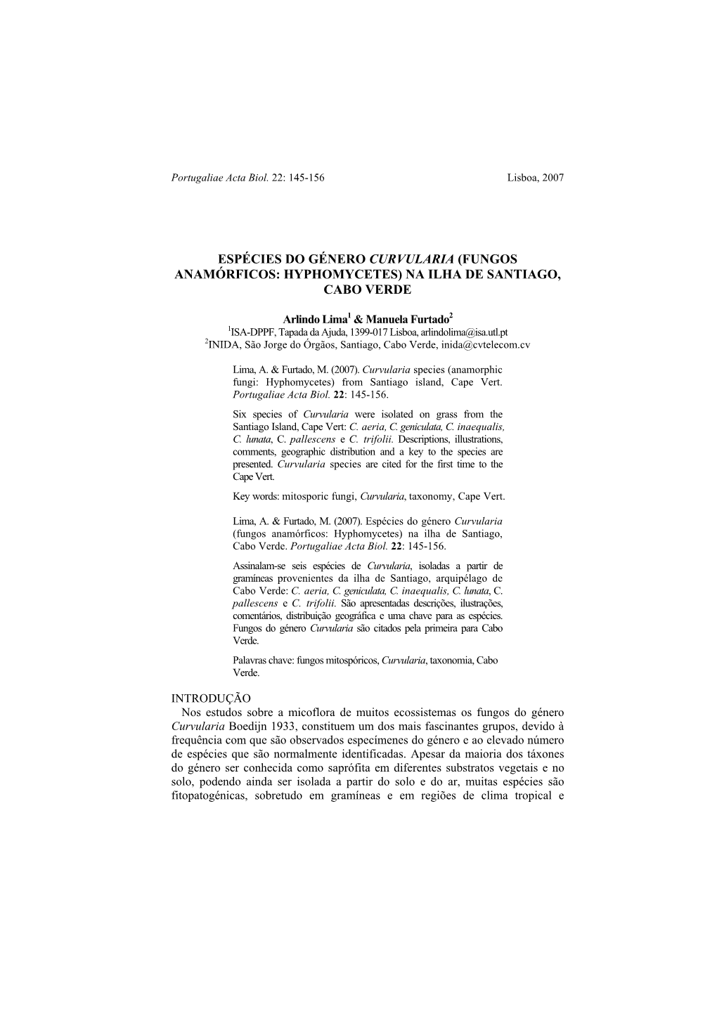 Espécies Do Género Curvularia (Fungos Anamórficos: Hyphomycetes) Na Ilha De Santiago, Cabo Verde