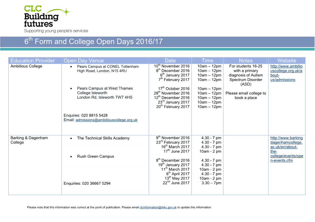 6 Form and College Open Days 2016/17