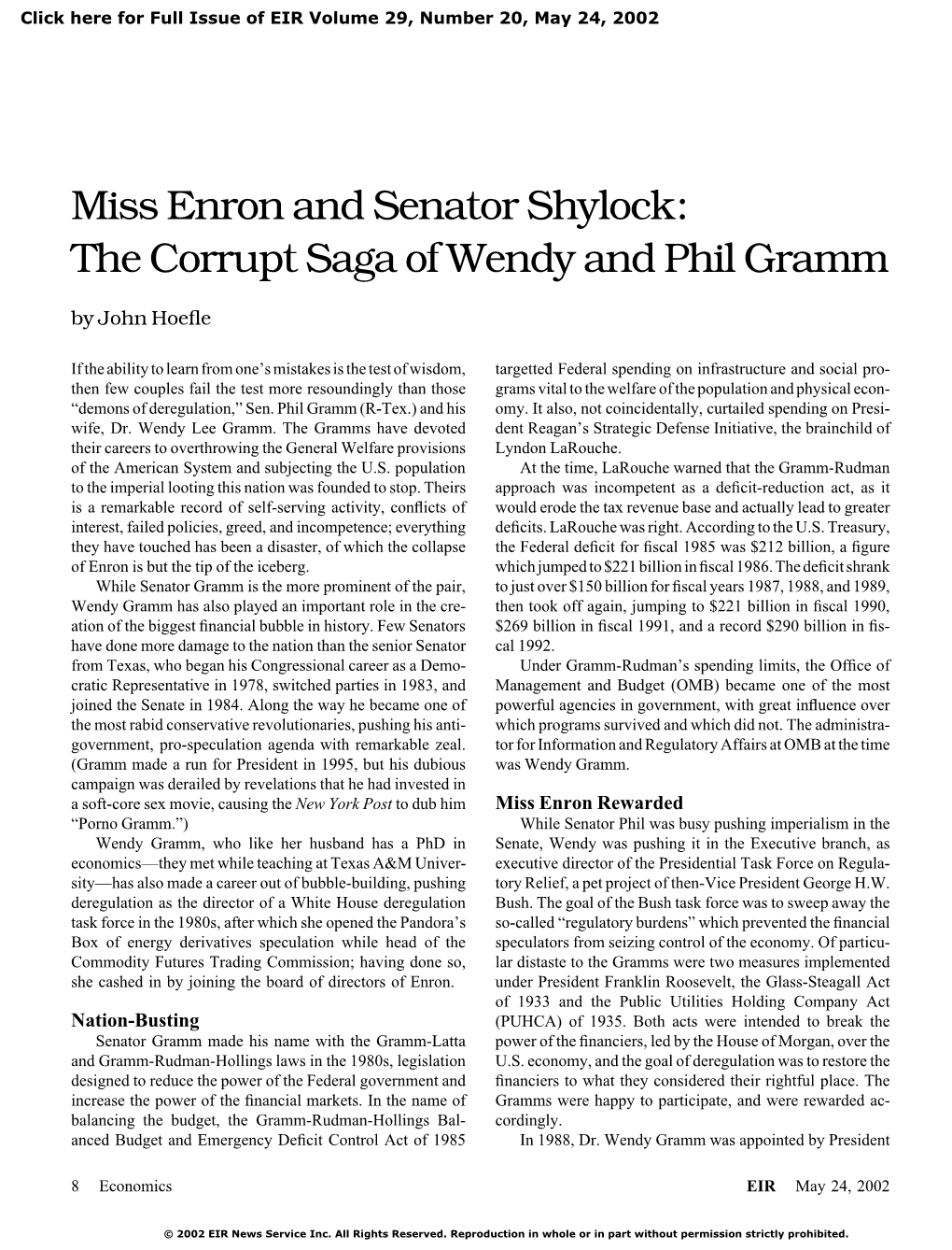 Miss Enron and Senator Shylock: the Corrupt Saga of Wendy and Phil Gramm
