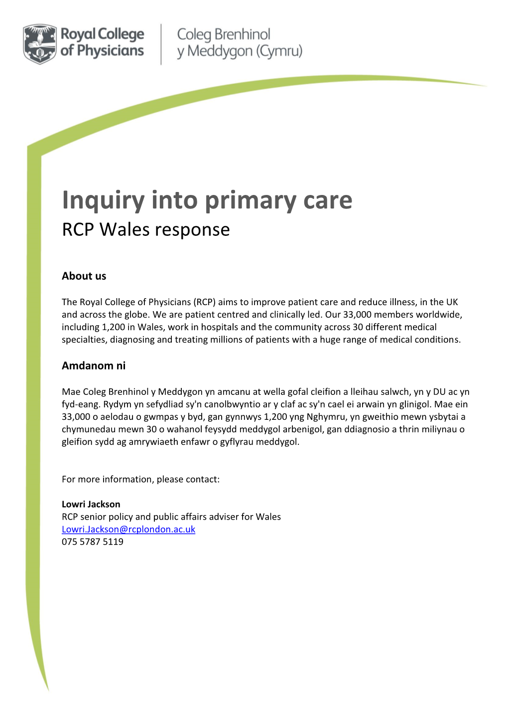 Inquiry Into Primary Care RCP Wales Response