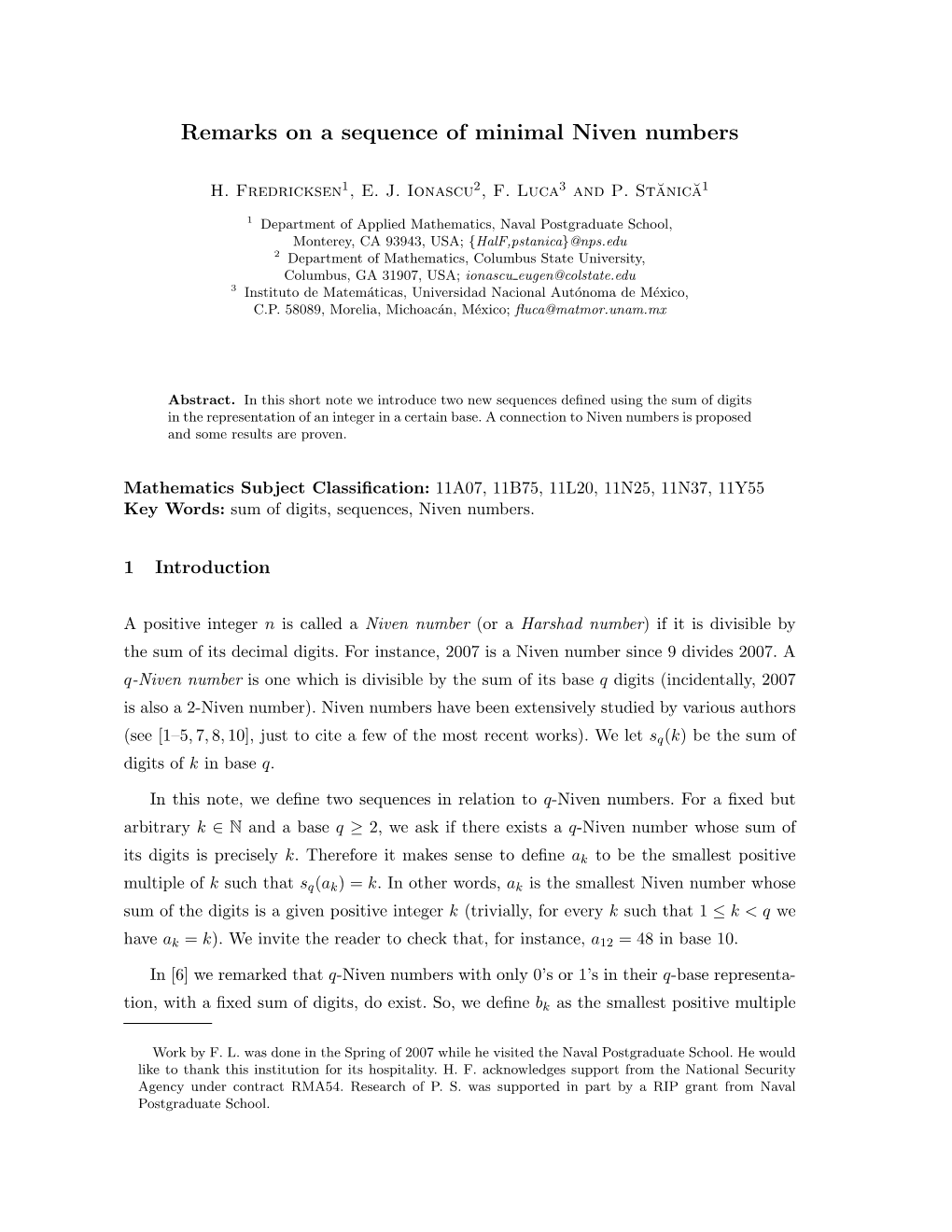 Remarks on a Sequence of Minimal Niven Numbers