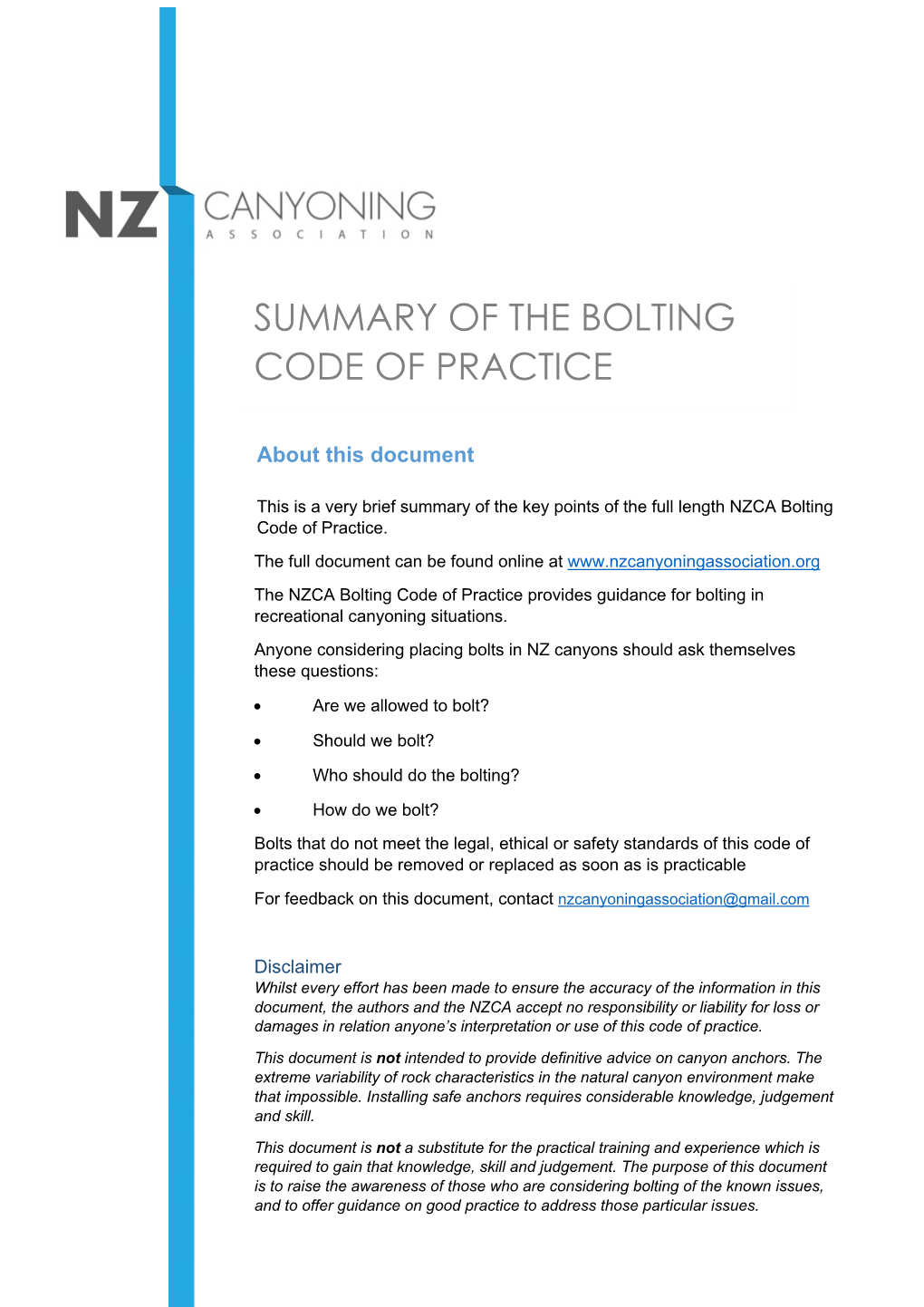 Summary of the Bolting Code of Practice