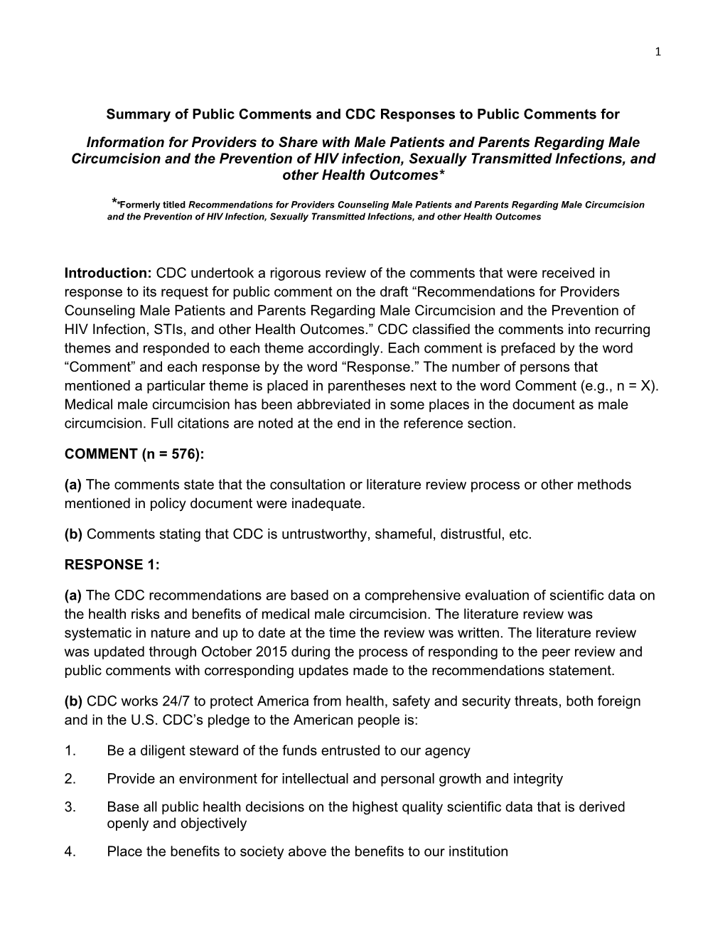 Summary of Public Comments and CDC Responses to Public Comments