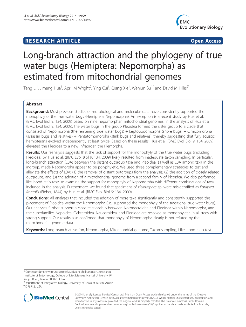 As Estimated from Mitochondrial Genomes Teng Li1, Jimeng Hua1, April M Wright2, Ying Cui1, Qiang Xie1, Wenjun Bu1* and David M Hillis2*