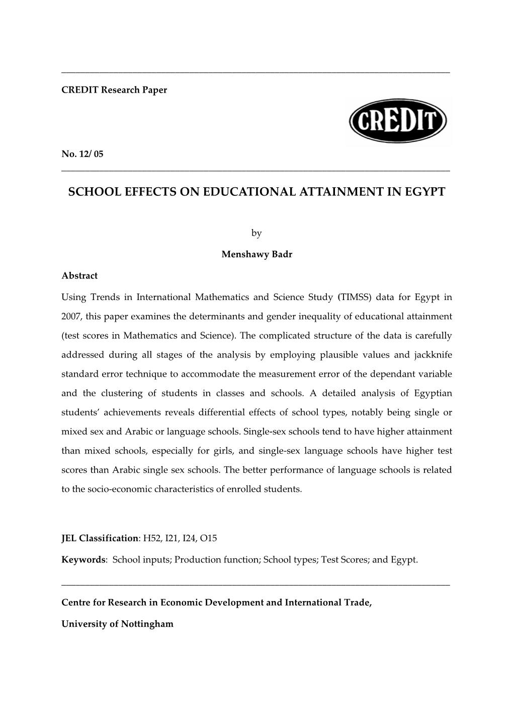 School Effects on Educational Attainment in Egypt