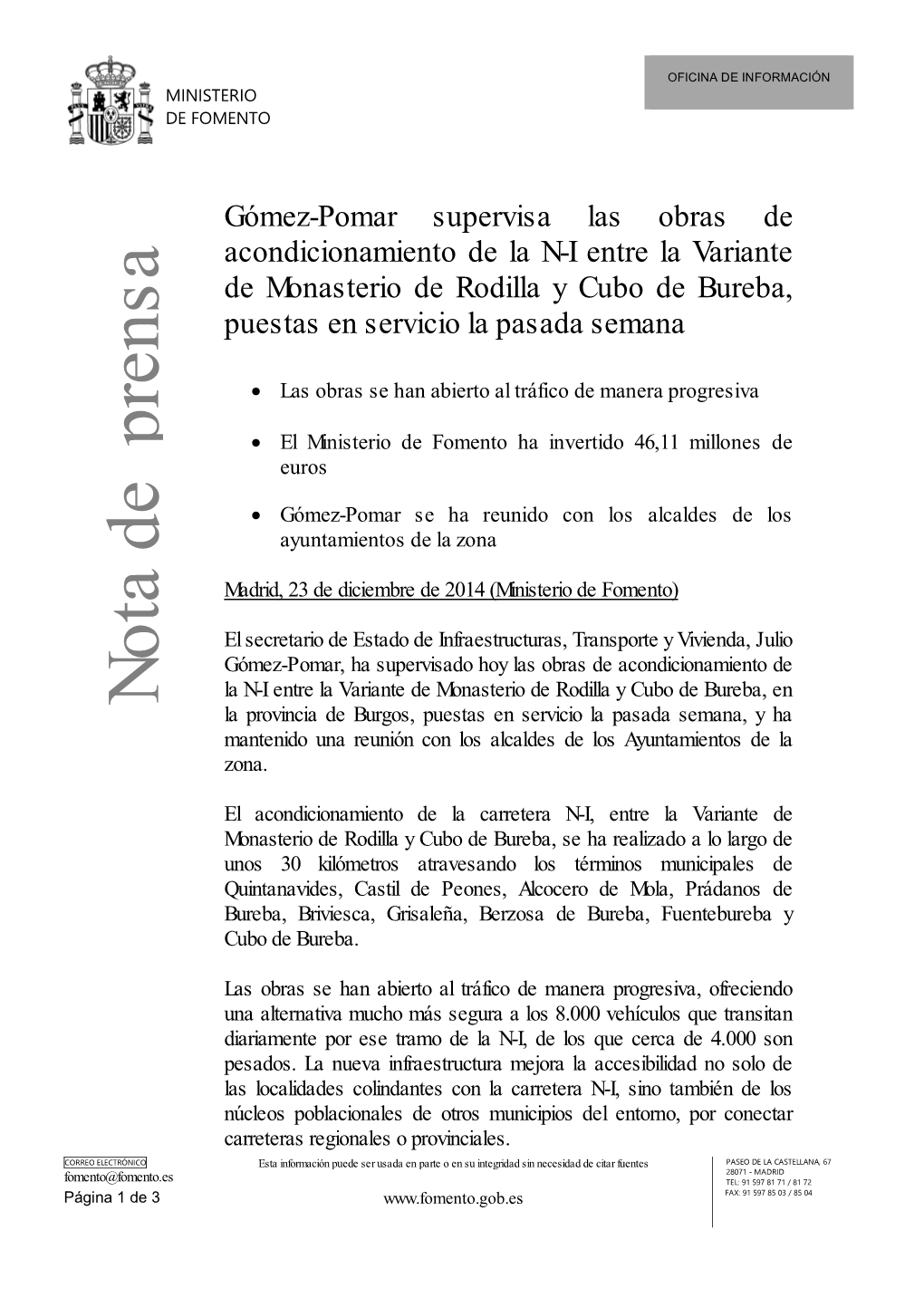 Gómez-Pomar Supervisa Las Obras De Acondicionamiento De La N-I Entre La Variante De Monasterio De Rodilla Y Cubo De Bureba, Puestas En Servicio La Pasada Semana