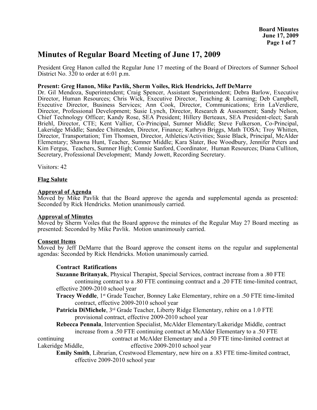 Minutes of Regular Board Meeting of June 17, 2009